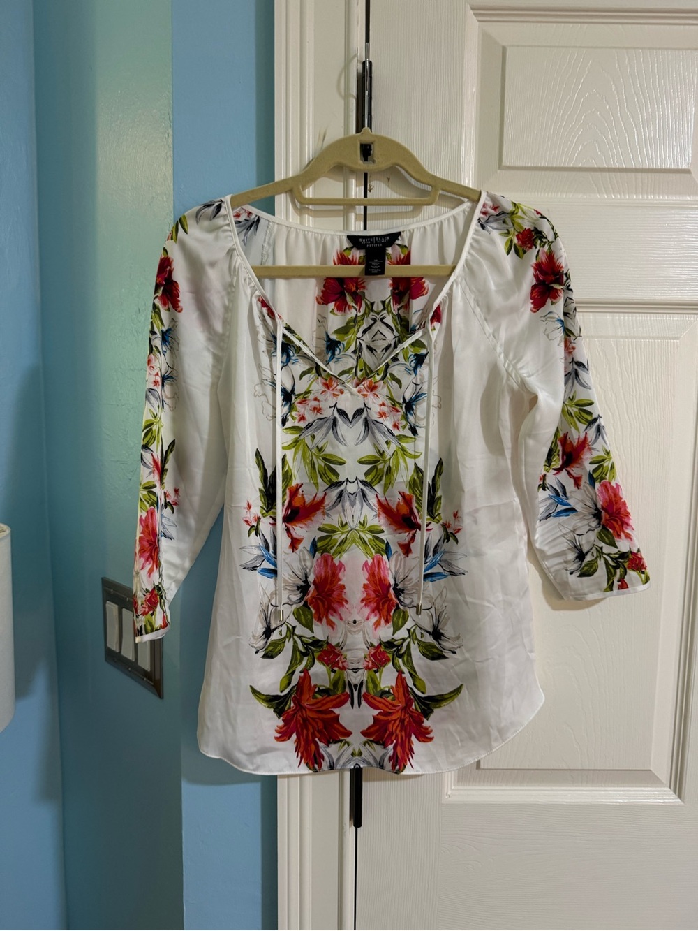 Stunning White Floral Peasant Top with Red & Green Print